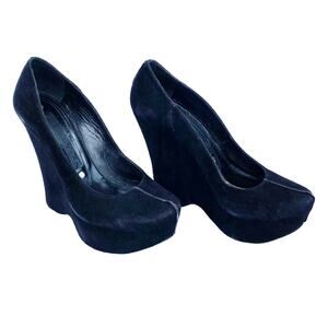 Gianmarco Lorenzi Black Suede Leather Almond Toe Wedge Platform Pumps 37 US7